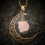 Vintage Moon Necklace Irregular Natural Stone Pendant Necklaces Amethyst Rose Quartz Crystals Antique Bronze Chains Jewelry