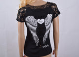 Fashion Women's T shirt Back Hollow Angel Wings  T-shirt Tops Summer Style Woman Lace Short Sleeve Tops T shirts Clothing