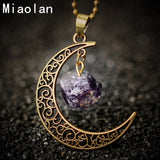 Vintage Moon Necklace Irregular Natural Stone Pendant Necklaces Amethyst Rose Quartz Crystals Antique Bronze Chains Jewelry