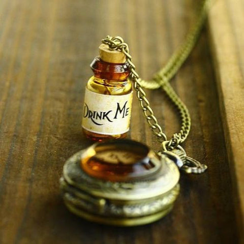 Hot DRINK ME WISHING BOTTLE POCKET WATCH ALICE IN WONDERLAND LONG NECKLACE cl