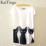 KaiTingu 2016 Brand New Fashion Summer Harajuku Animal Cat Print Shirt O-Neck Short Sleeve T Shirt Women Tops White T-shirt