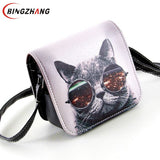 Bolsa Bolsos Carteras Mujer Marca Women PU Leather Cat Wearing Big Glasses Print Shoulder Handbags 2016 Bag L4-1186