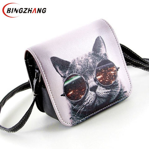 Bolsa Bolsos Carteras Mujer Marca Women PU Leather Cat Wearing Big Glasses Print Shoulder Handbags 2016 Bag L4-1186