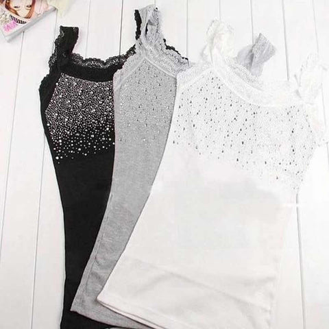 Women's Rhinestone Lace Stunning Based Sleeveless Vest Tank Top Tee T-Shirt Black White Gray A1250