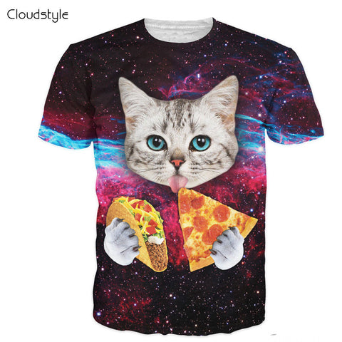 Cloudstyle 21 Patterns S-3XL 3D Men's T-Shirt Short Sleeve Cat Eating Pizza in Space Printed Tshirt Homme O Neck  Brand Clothing