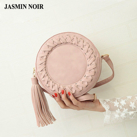 2016 New Fashion women bag tassel Round weave Cross body Bag Messenger Bag Ladies Cute roll Shoulder Bag green grey BROWN