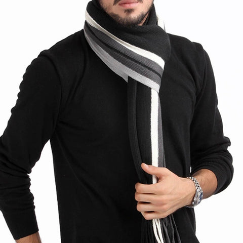 Men's Striped Winter Shawl Scarf with Tassels
