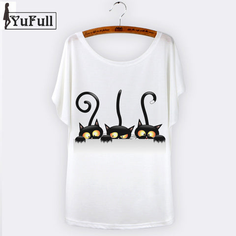 Harajuku Cat t-shirt Women Tee Shirt Femme Summer 2016 Casual Animal Cartoon print short sleeve Loose Ladies tops t shirt White