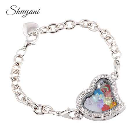 1PCS Free Shipping Floating Heart Glass Living Memory Locket Bracelet With 12pcs Heart Birthdaystone Charms