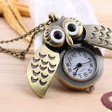 Retro Bronze Cartoon Owl Pendant Pocket Watch with Sweater Chain Slide