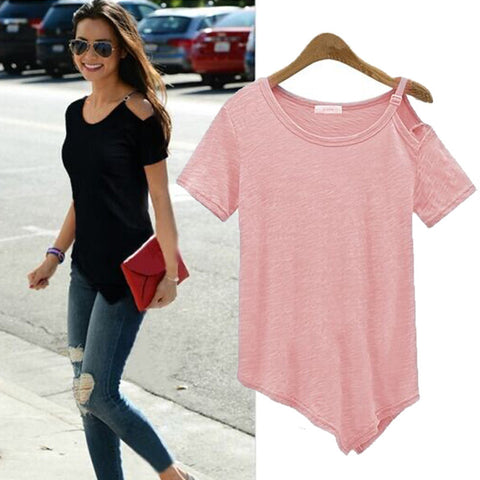 New Solid camisetas Summer Cotton t-shirt Fashion Tops 2016 Punk Rock tee shirt femme Off the Shoulder Strap T Shirt Women C487