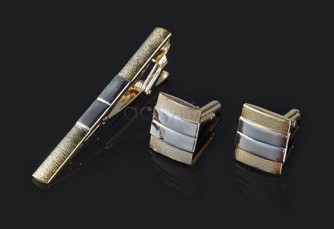 Two Tone Cufflinks & Tie Clip Set