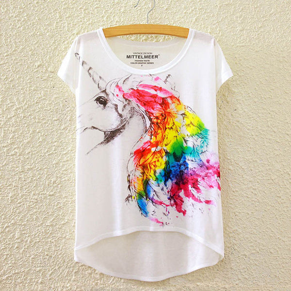 2016 Brand New Cotton t Shirt Women Short Sleeve t-shirts o-neck Causal loose Magic Unicorn T Shirt Summer tops for women