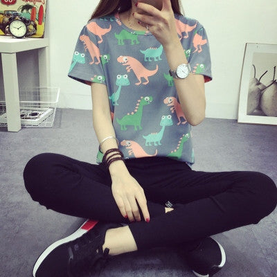 Korean Retro Animal Dinosaur Printing T shirt Women 2016 Summer Japanese Harajuku Style Short-sleeved T-shirt Woman Tops S-XL