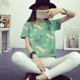 Korean Retro Animal Dinosaur Printing T shirt Women 2016 Summer Japanese Harajuku Style Short-sleeved T-shirt Woman Tops S-XL