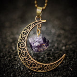 Vintage Moon Necklace Irregular Natural Stone Pendant Necklaces Amethyst Rose Quartz Crystals Antique Bronze Chains Jewelry