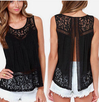 Sleeveless Crochet Chiffon Open Back Blouse