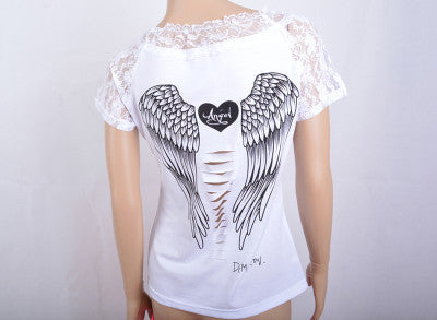 Fashion Women's T shirt Back Hollow Angel Wings  T-shirt Tops Summer Style Woman Lace Short Sleeve Tops T shirts Clothing