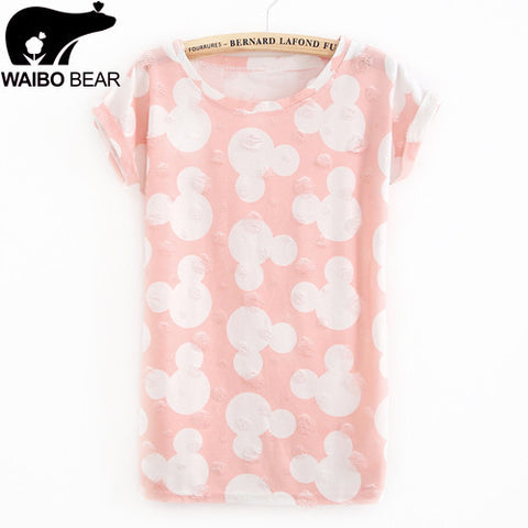 Summer Cool Fashion Tassel Design Hole T-shirt Micky Mouse Print Frayed Hole T Shirts Female Short Sleeve Sexy Thin Ladies Tops
